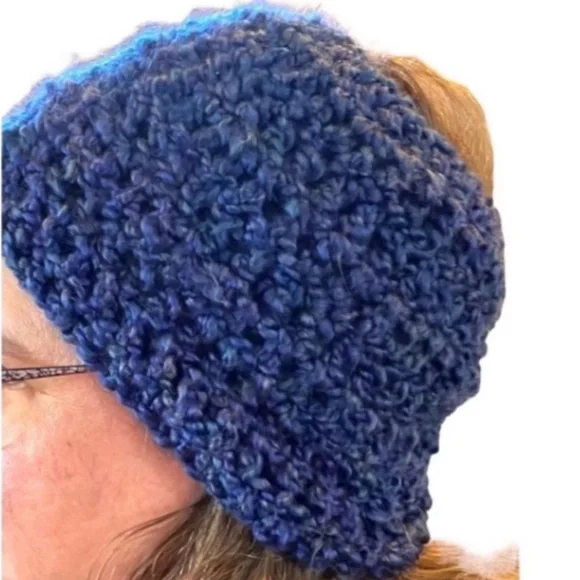 Hand Crafted Hat Headband Blue Crochet Pony Tail Beanie Chunky Ear Warmer Wrap - Picture 1 of 8